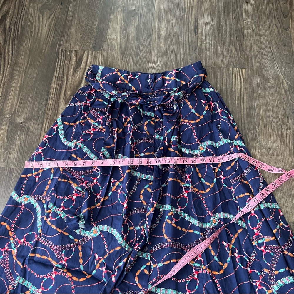 Umgee Blue Geometric Print Button Front Paper Bag Waist Knee Length Skirt - Picture 7 of 13